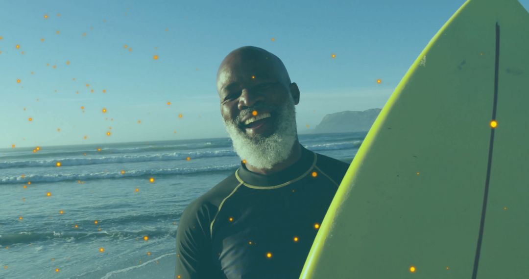 Joyful Man with Surfboard on Sunny Ocean Shore