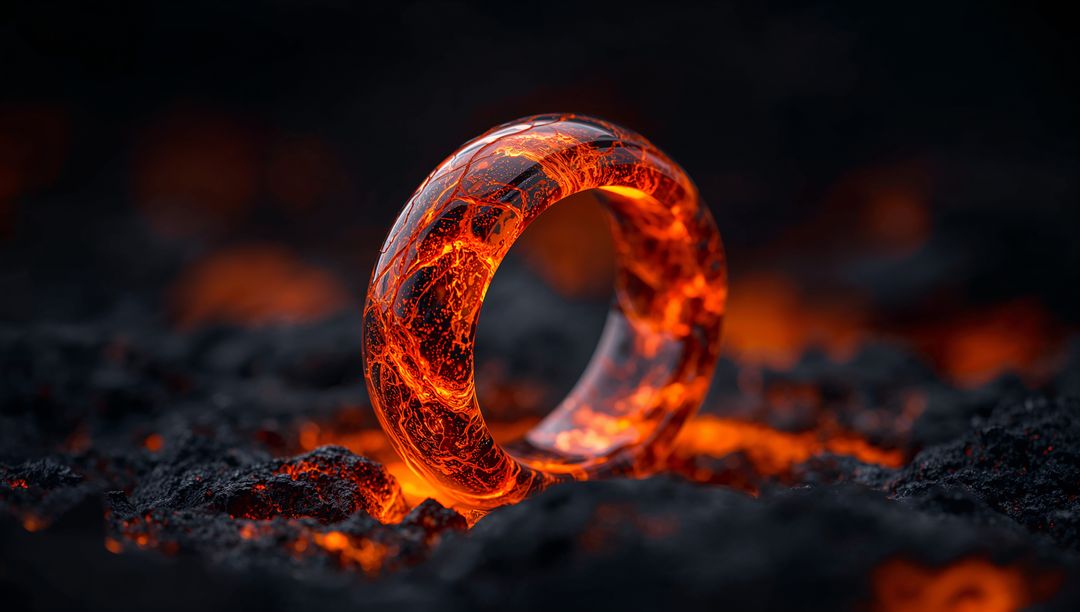 Magma-textured Ring on Volcanic Rock with Glowing Lava