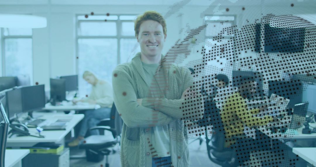 Confident Professional in Modern Office with Digital Works Interface