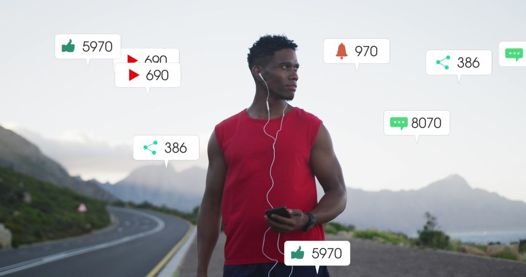 Athlete Checking Smartphone Amid Digital Notifications