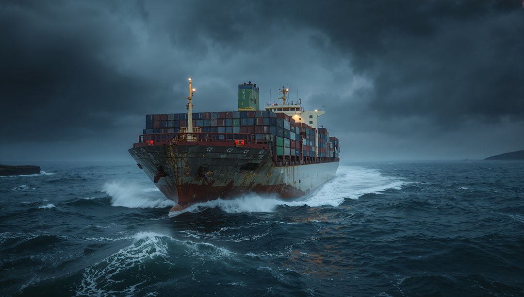 Container Ship Plowing Through Stormy Seas, Stacked Containers and Dramatic Sea Spray at Night