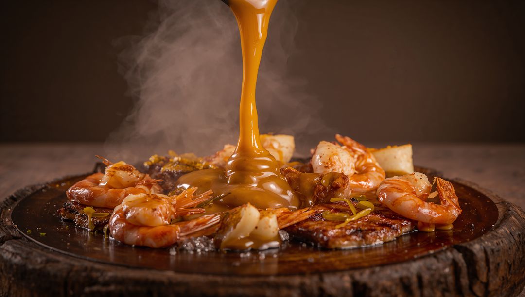 Drizzling glossy brown sauce over sizzling shrimp, scallops and steak on rustic wood slab