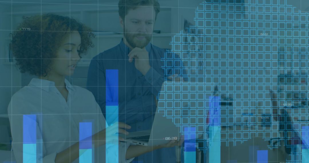 Innovative Team Analyzing Financial Data with Digital Interface Overlay