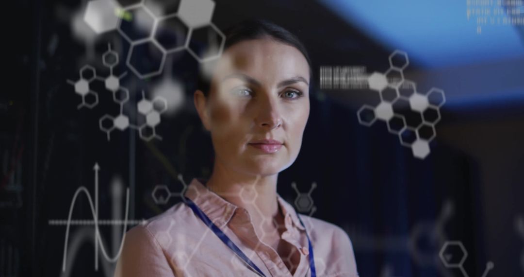 Innovative Businesswoman Analyzing Digital Data Overlays in Server Room