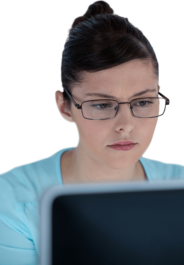 Focused Businesswoman on Laptop Transparent Background