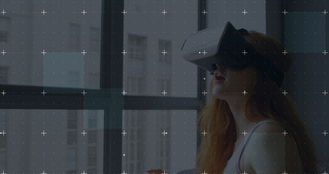 Woman Experiencing Virtual Reality at Home with Advanced Headset