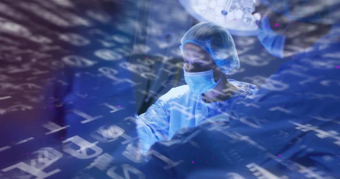 Surgeon Operating in Smart Operating Room with Digital Code Overlay and Medical Data