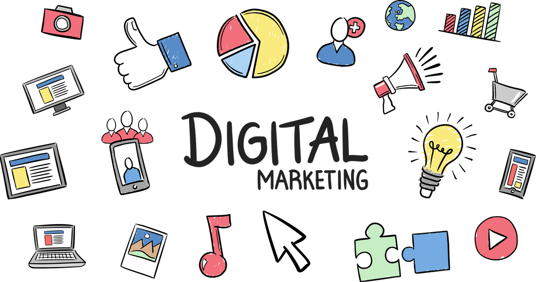 Transparent Digital Marketing Icons with Vibrant Design Elements