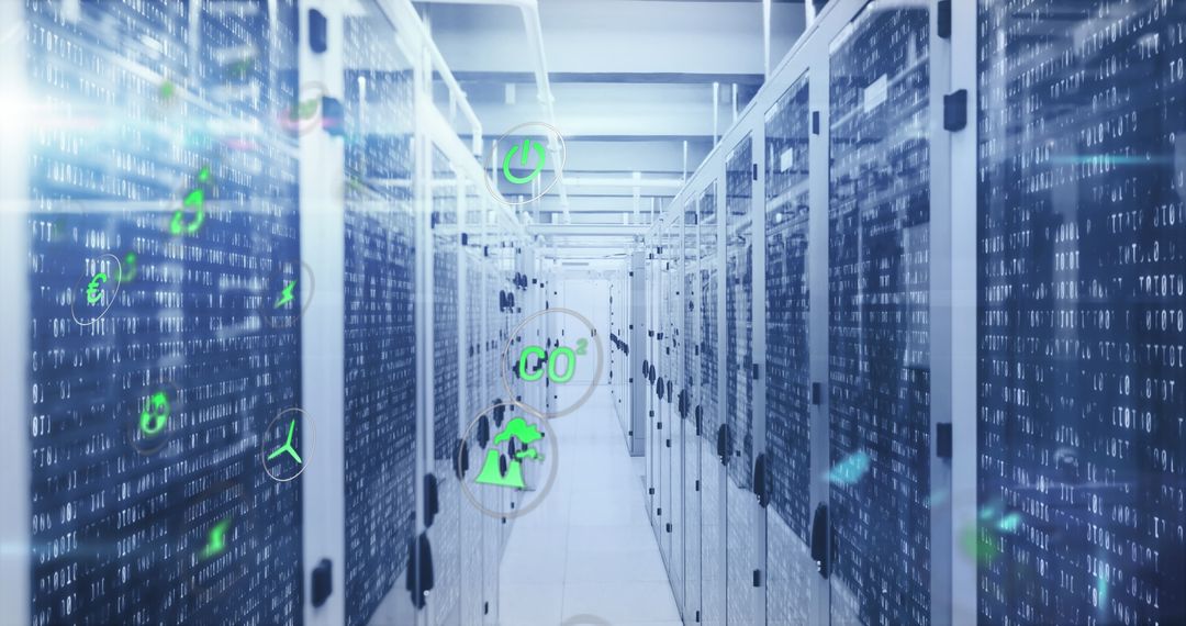 Diverse Digital Icons on Data Servers in Tech Facility