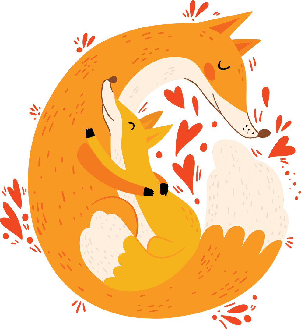 Transparent Mother Fox Hugging Cub with Red Hearts