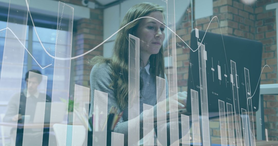 Businesswoman Analyzing Financial Data with Digital Charts Overlay