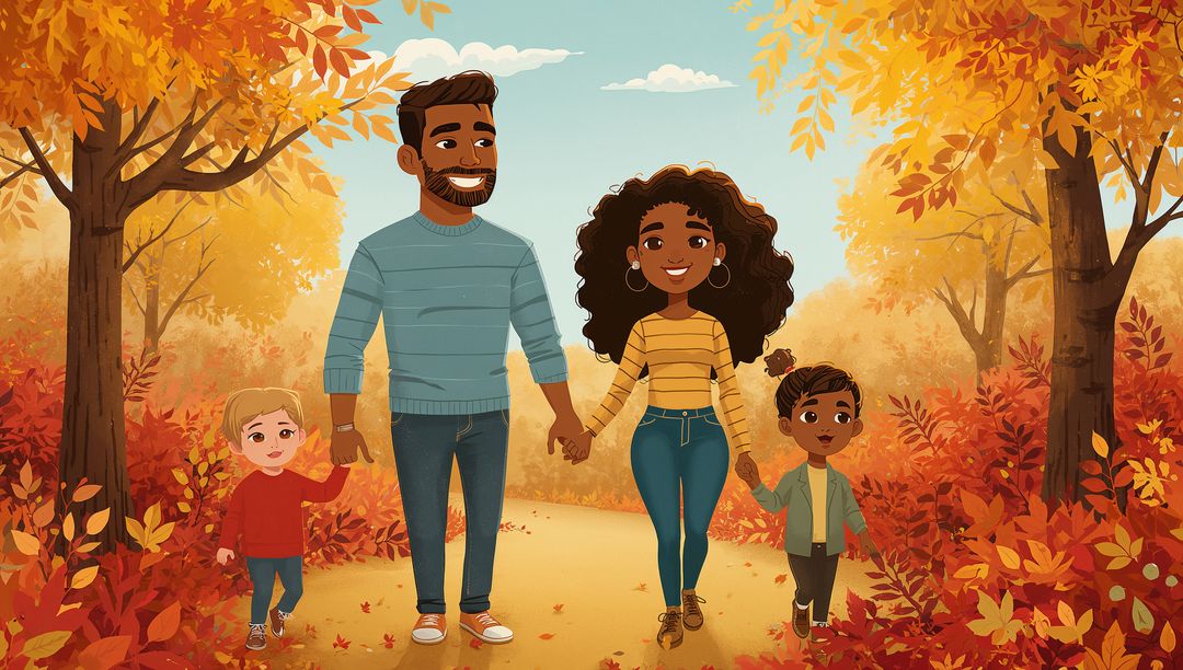 Autumn family walking holding hands on leaf-strewn path smiling parents and children