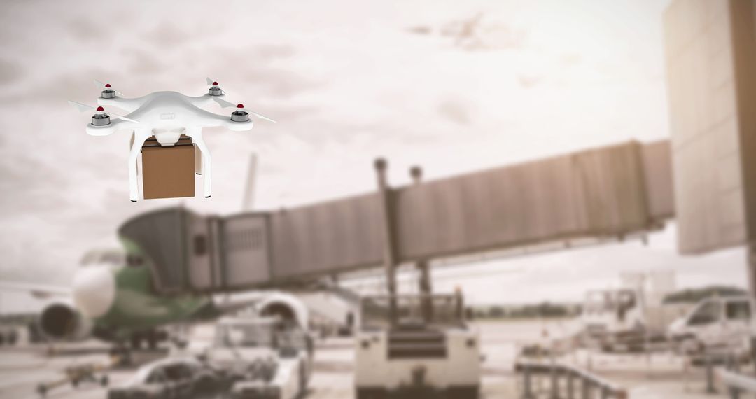 White Drone Delivering Package at Busy Airport Terminal