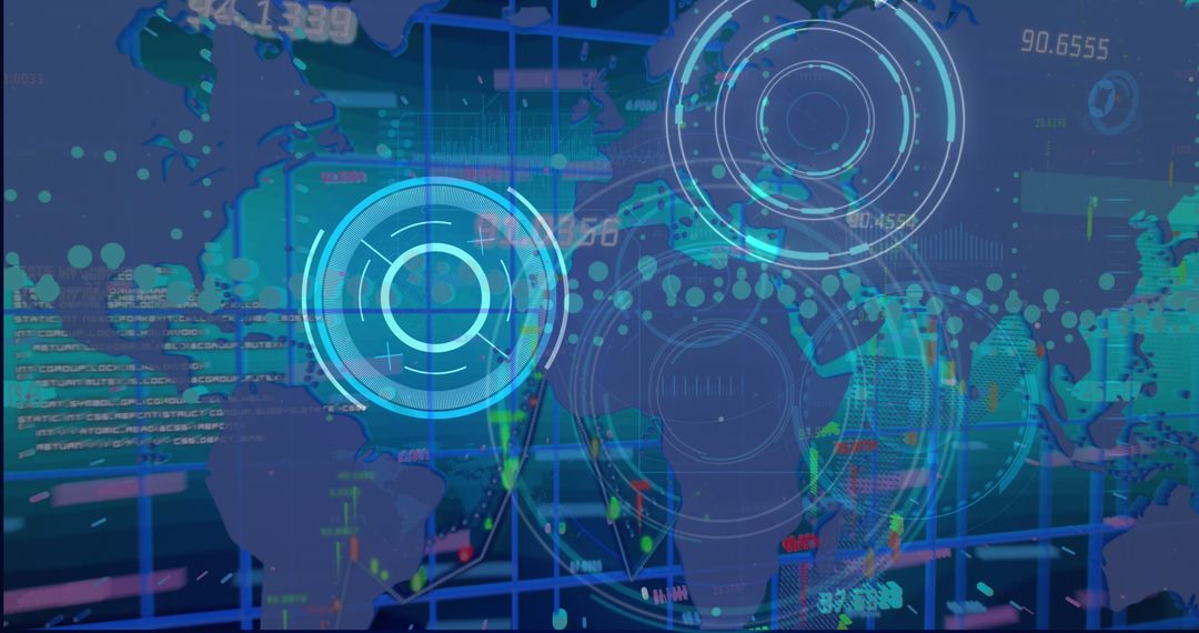 Global Data Processing with Digital World Map and Tech Overlays