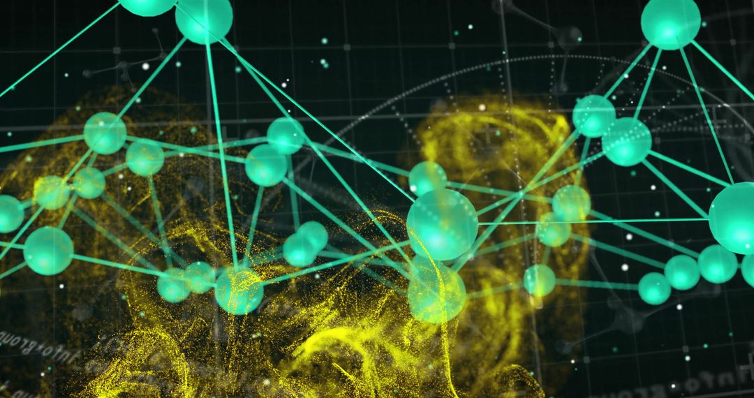 3D Network with Glowing Spheres and Energetic Yellow Cloud