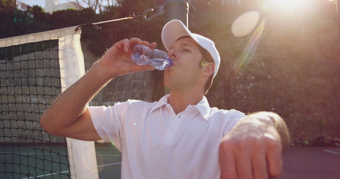 Athlete Hydrating During Tennis Match Outdoors - Free Images, Stock Photos and Pictures on Pikwizard.com