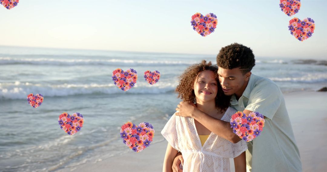 Romantic Couple Embracing on Beach with Floral Hearts Animation