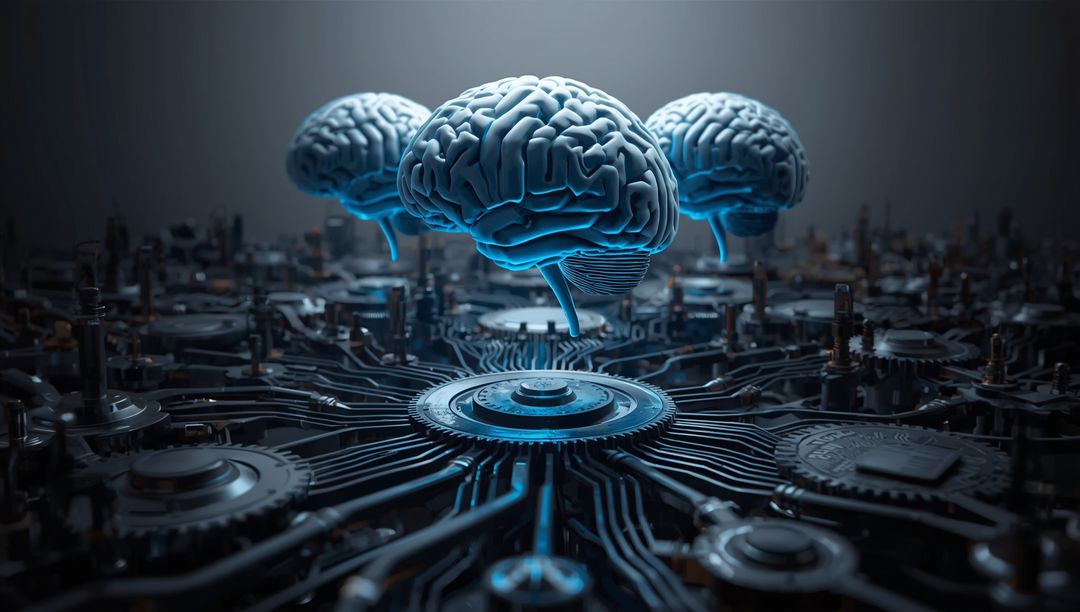 Illuminated Brain Models Floating Over Futuristic Circuit Board