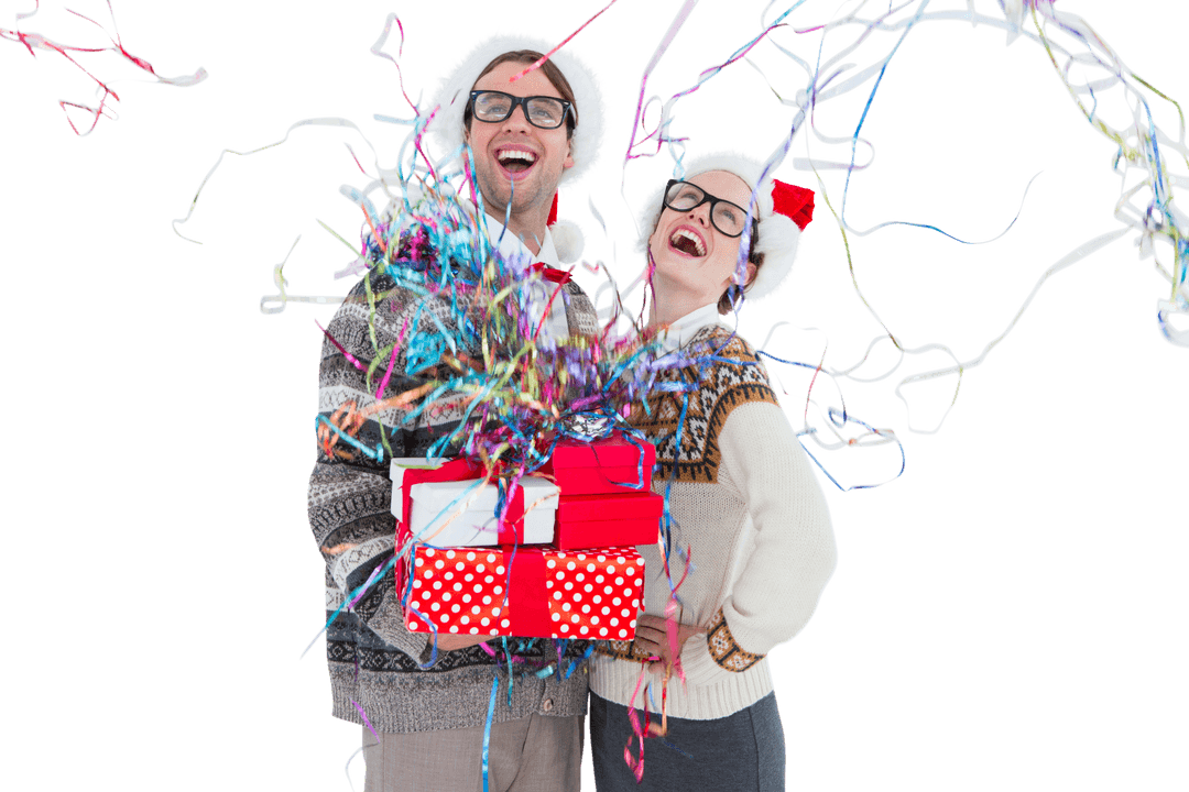 Joyful Christmas Couple with Gifts and Confetti Transparent Background