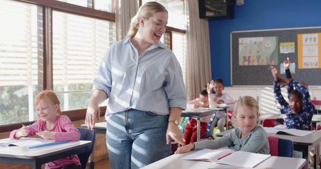 Smiling Teacher Engaging with Students in Active Learning Environment