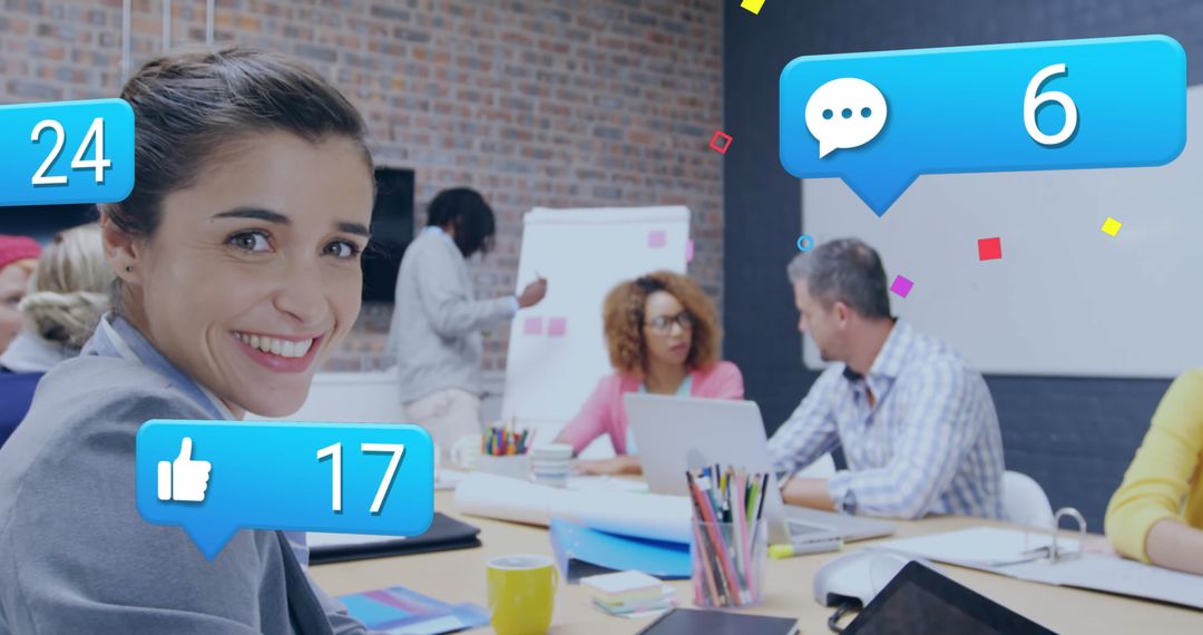 Smiling Businesswoman Connected with Social Media Alerts