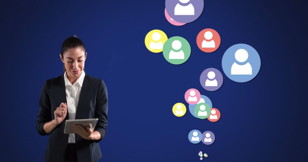 Businesswoman Engaging with Digital Icons on Tablet
