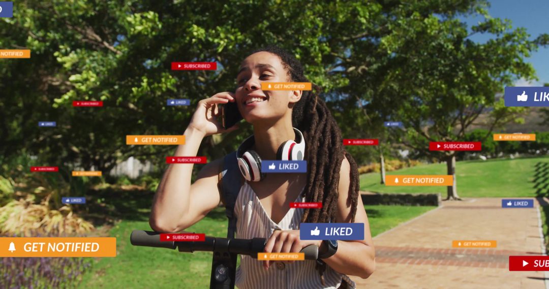 Smiling Woman on Electric Scooter With Smartphone and Symbolic Floating Icons