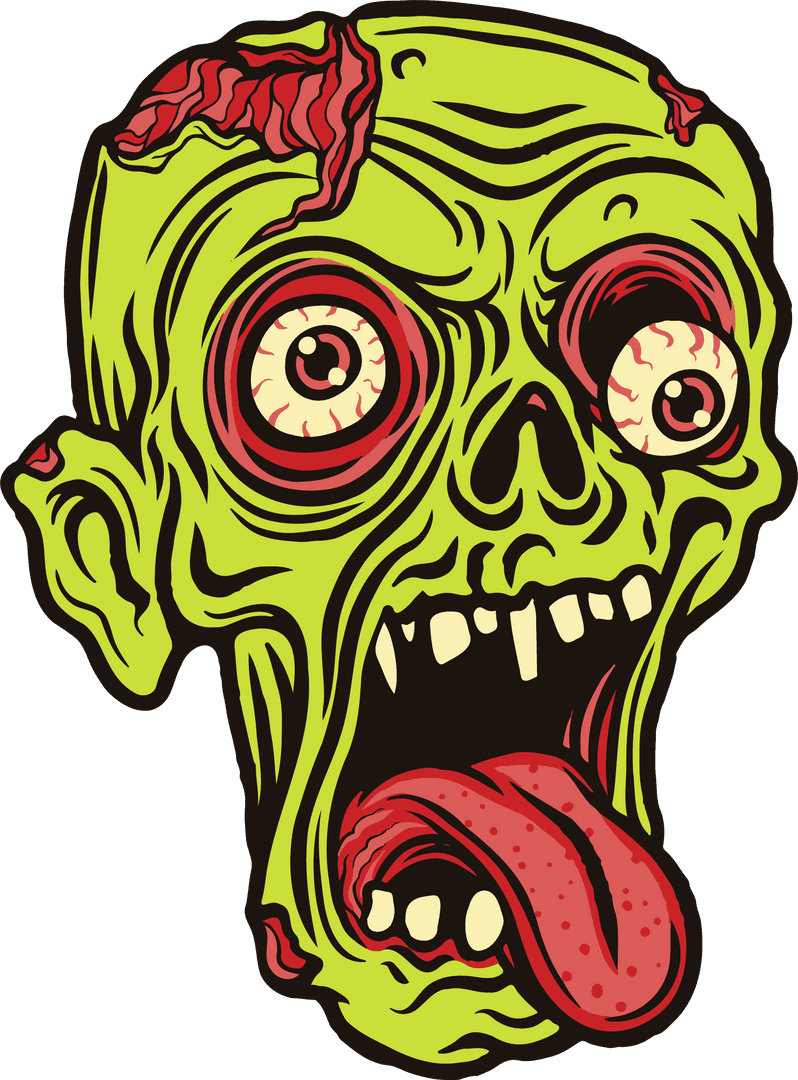 Grotesque Comic Zombie Head with Bulging Eyes on Transparent Background