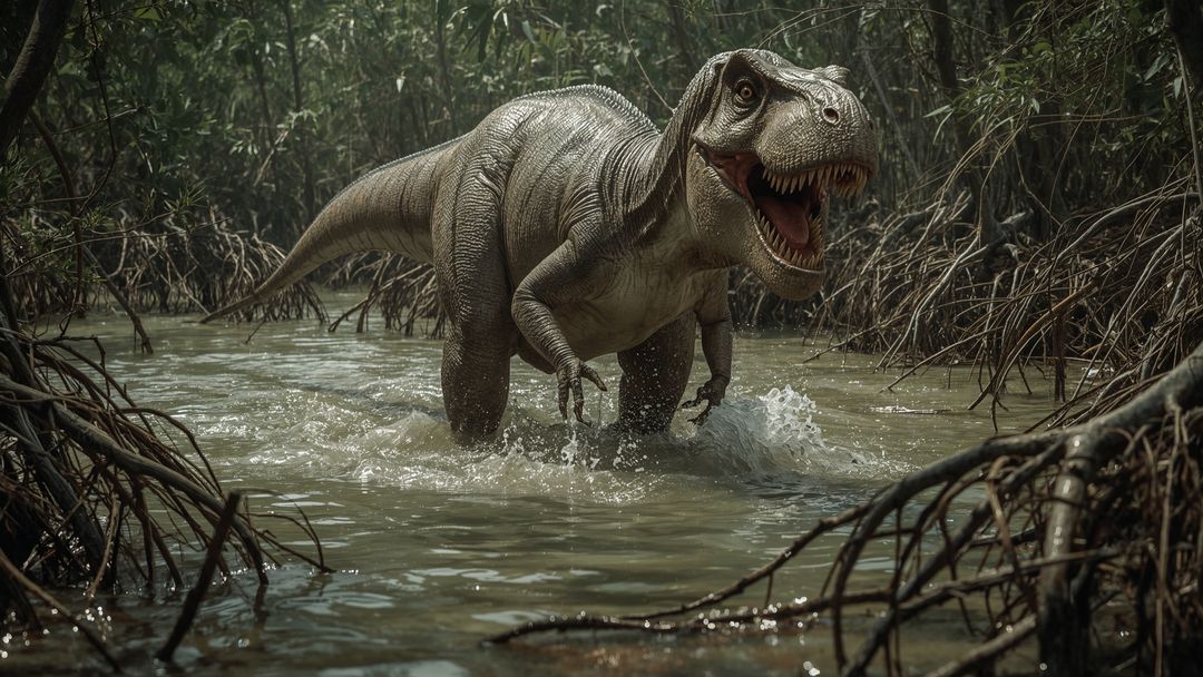Roaring Tyrannosaurus Rex in Lush Mangrove Swamp Setting