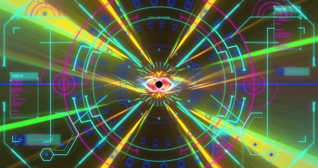 Futuristic Digital Interface with Neon Lights and Geometric Elements