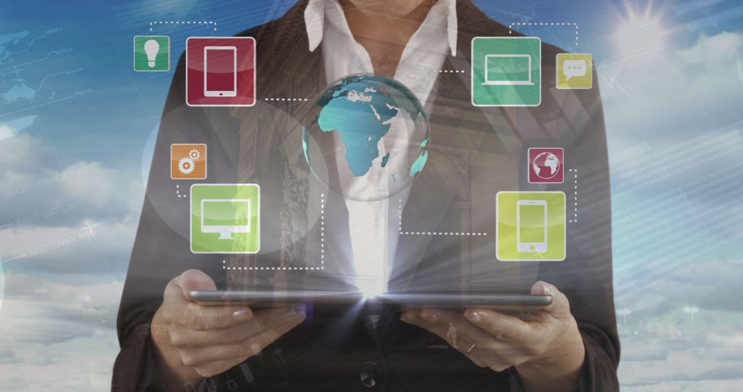 Business Professional Using Tablet with Global Network Overlay