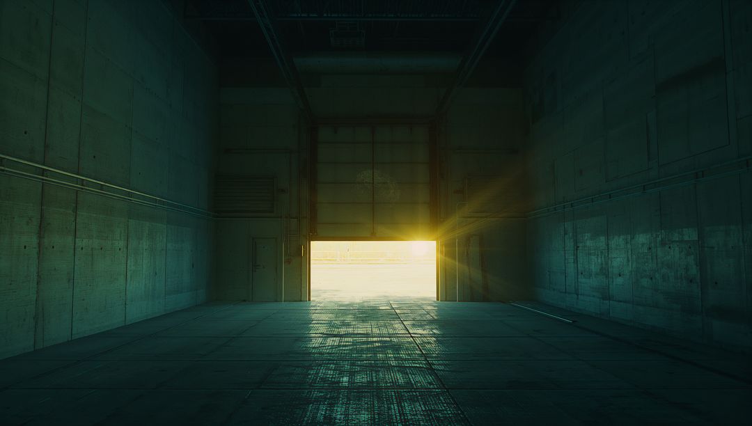 Sunlit Hangar with Open Overhead Door Featuring Minimalist Architecture