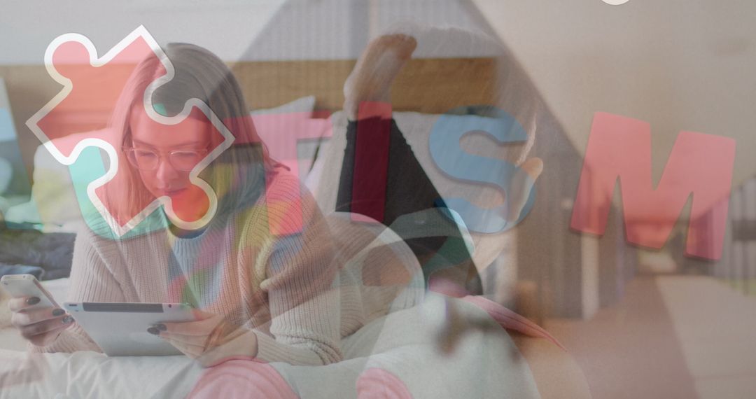 Young Woman Combining Relaxation with Technology at Home