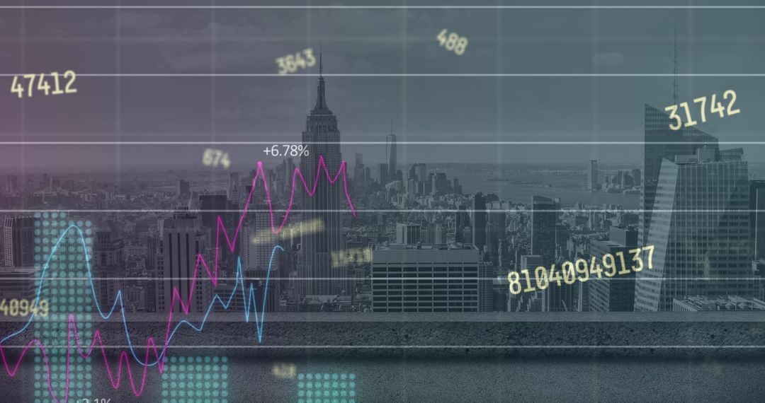 Financial Data Analytics Over NY Cityscape, Digital Trends Display