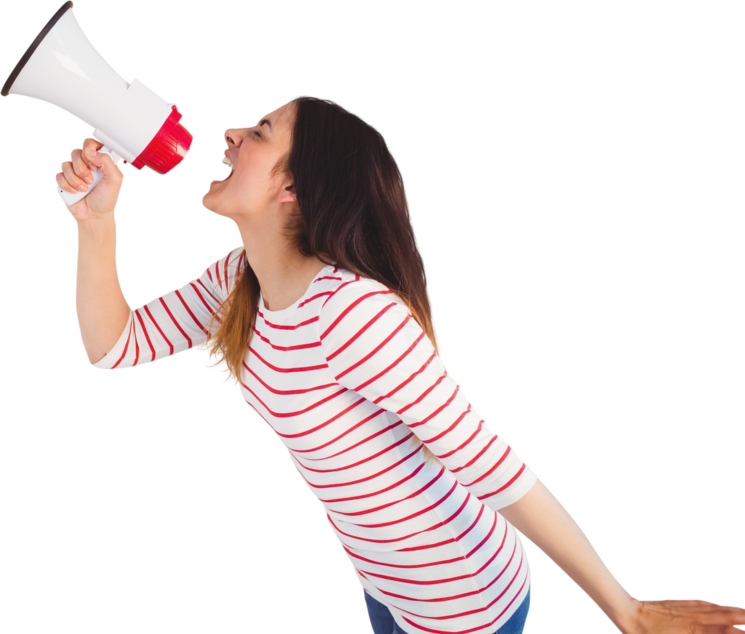 Youthful Woman in Striped Shirt Making Loud Announcement with Transparent Megaphone - Download Free Stock Images Pikwizard.com