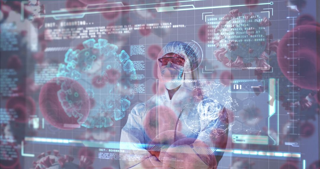 Medical researcher wearing protective gear analyzing virus data on digital screen - Free Images, Stock Photos and Pictures on Pikwizard.com