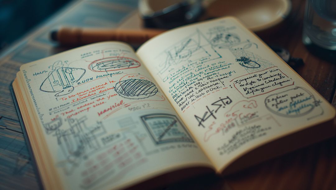 Open Sketchbook with Geometric Sketches and Notes on Cafe Table