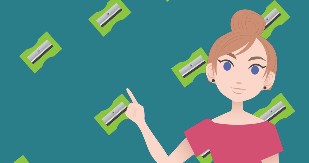 Animated Woman Pointing at Sharpener Icons on Blue Background