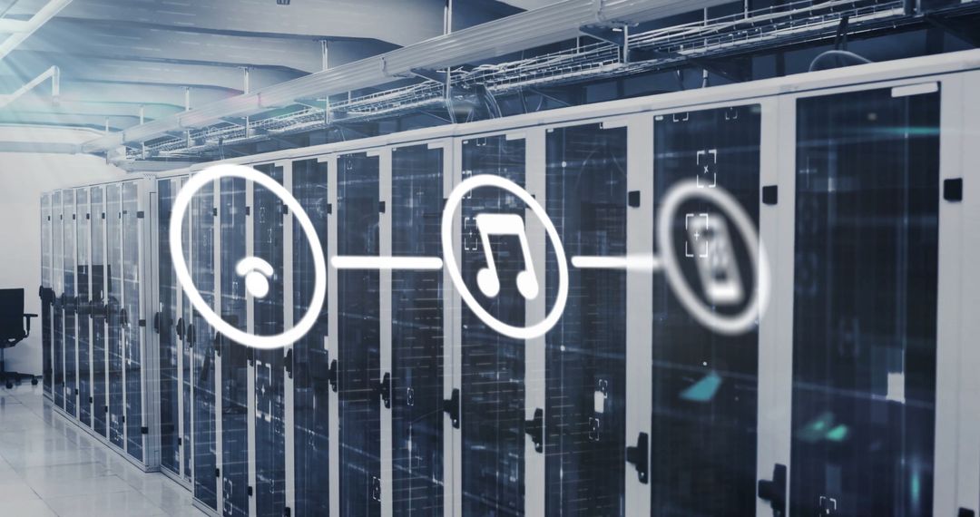 Digital Media Icons Overlaying Modern Data Server Room