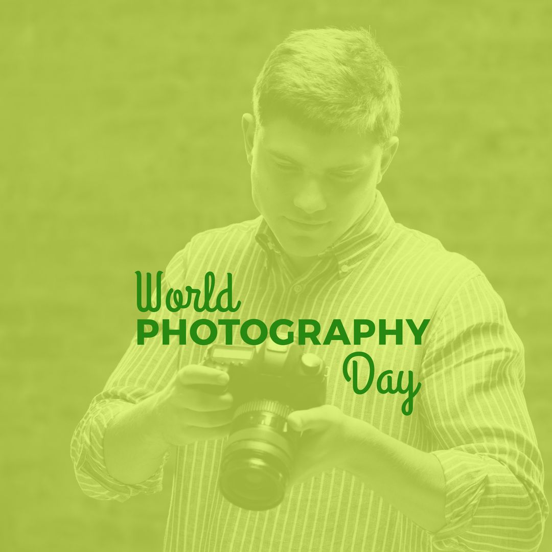 Young Man Celebrating World Photography Day with Camera