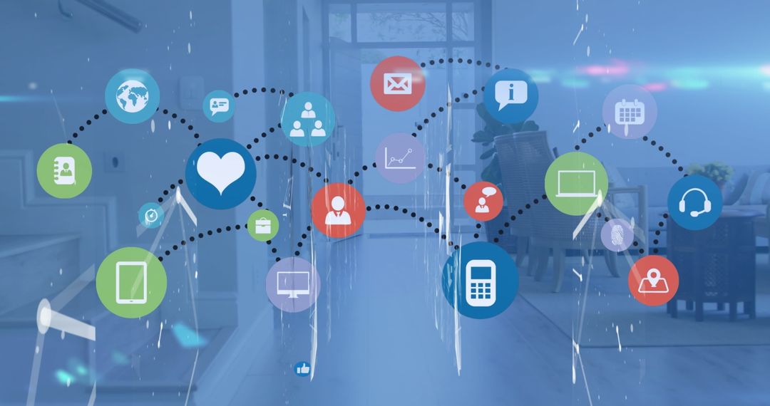 Colorful Network Icons Overlay on Office Space for Modern Connectivity Concept