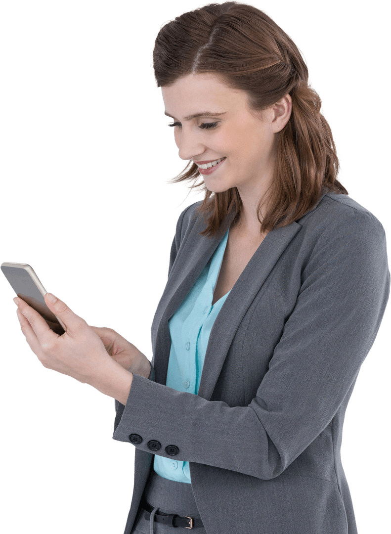 Businesswoman Smiling with Transparent Background Mobile Phone Use