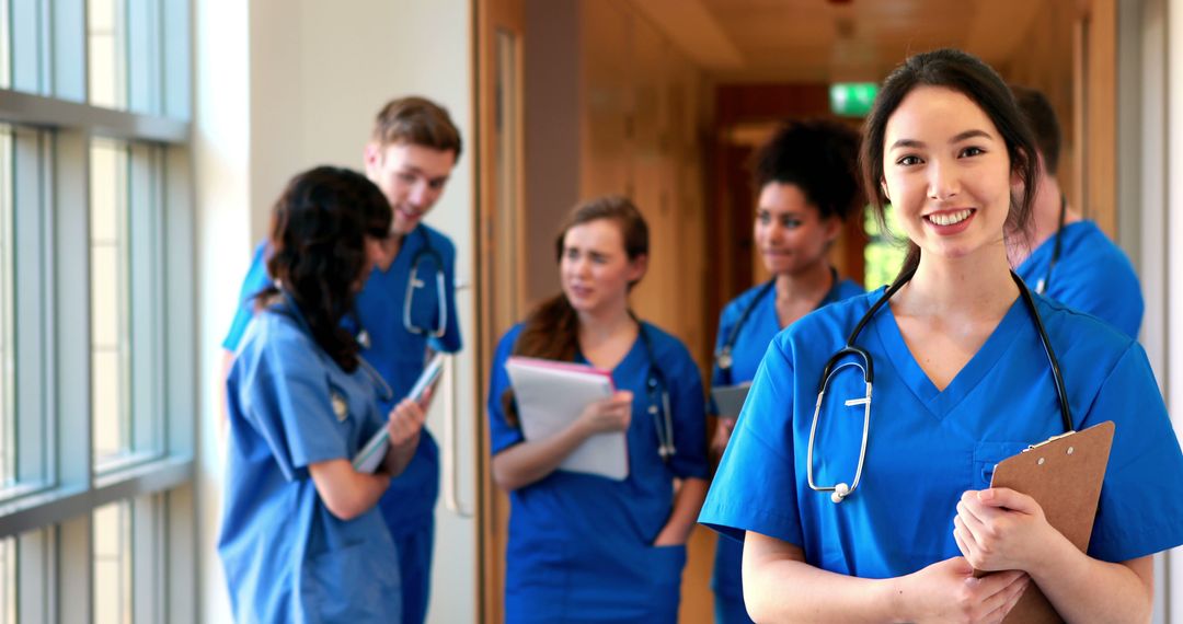 Group of Medical Students in Blue Scrubs Discussing and Smiling in Hospital Hallway - Free Images, Stock Photos and Pictures on Pikwizard.com