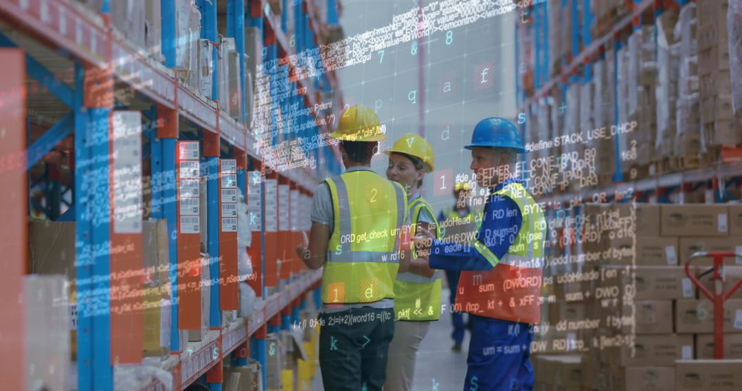 Warehouse Workers Analyzing Inventory Amidst Digital Data Overlay