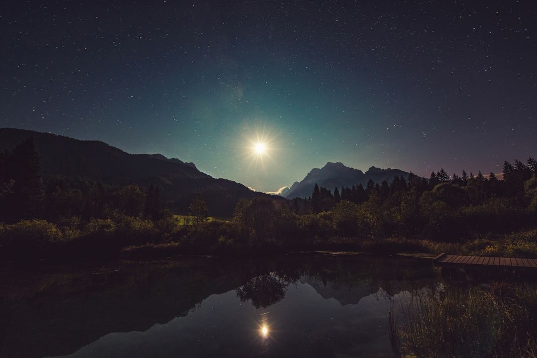 Scenic Full Moon Over Mountain Lake with Starry Sky