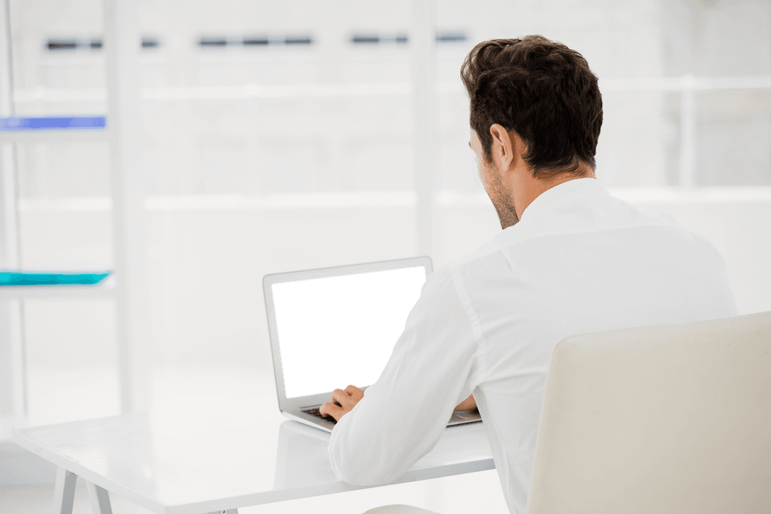 Businessman Working On Laptop With Screen Editable for Transparent Display