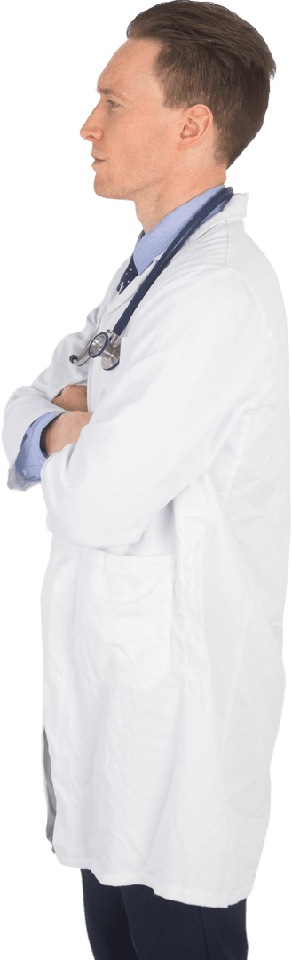 Transparent Doctor Standing Arms Crossed Focused Side Profile