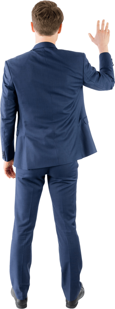 Rear View of Businessman in Suit Raising Hand Transparent Background