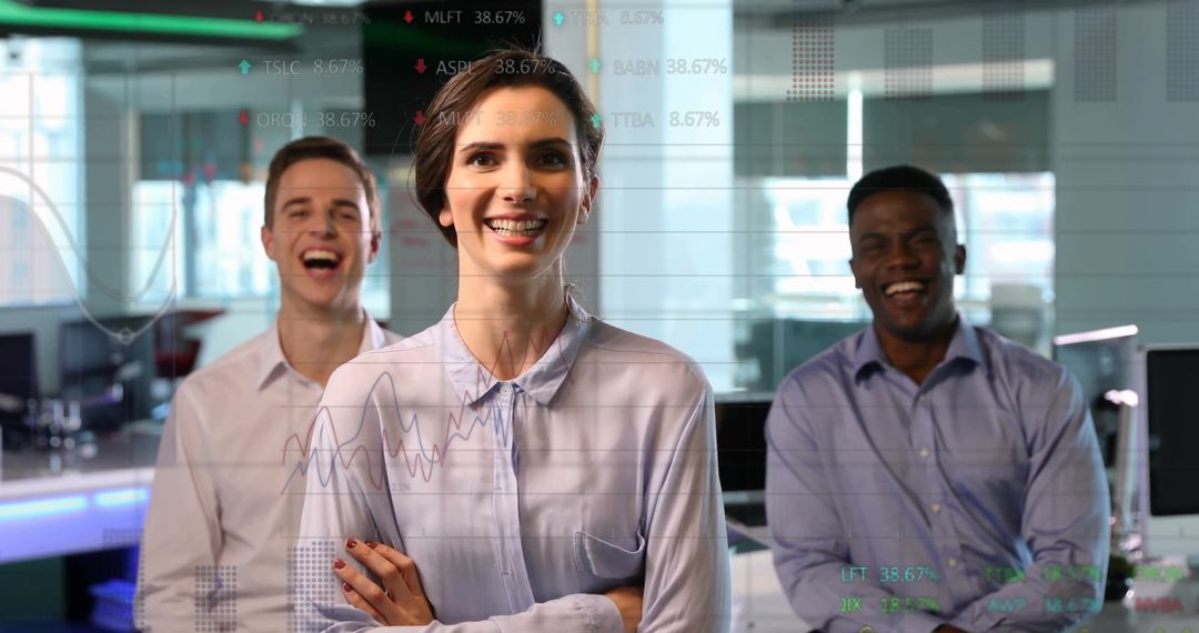 Smiling Professionals in Office with Data Overlay