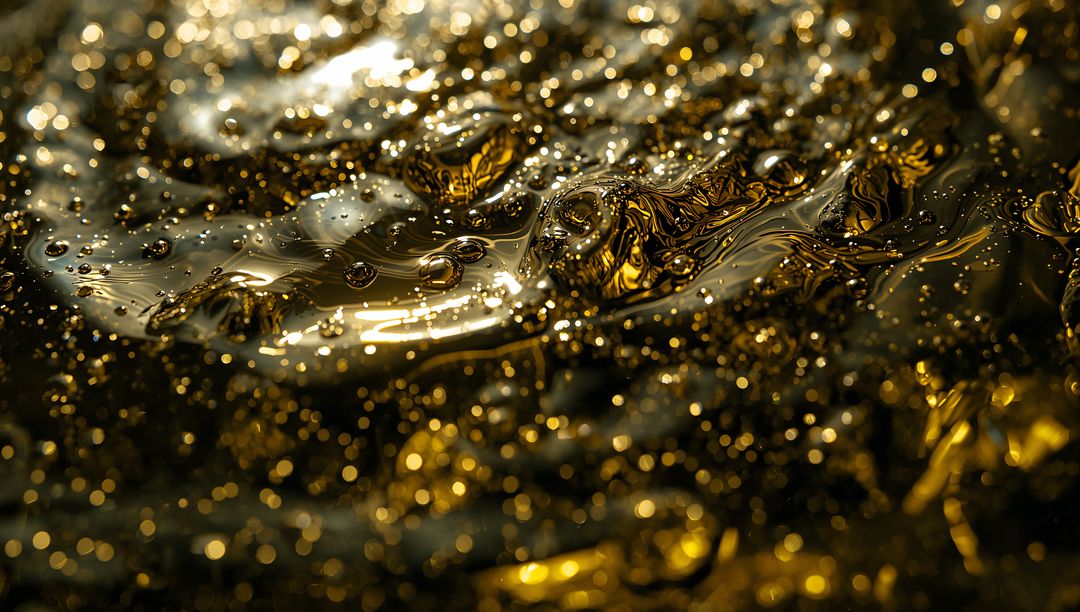 Macro Golden Viscous Liquid with Bokeh Highlights and Metallic Ripples, Abstract Luxury Texture